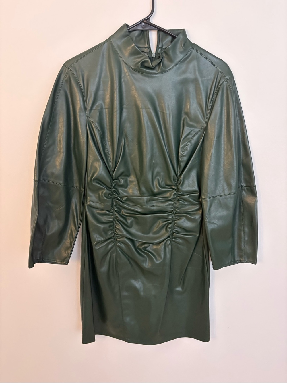 Zara Dark Green Faux Leather Ruched Mini Dress